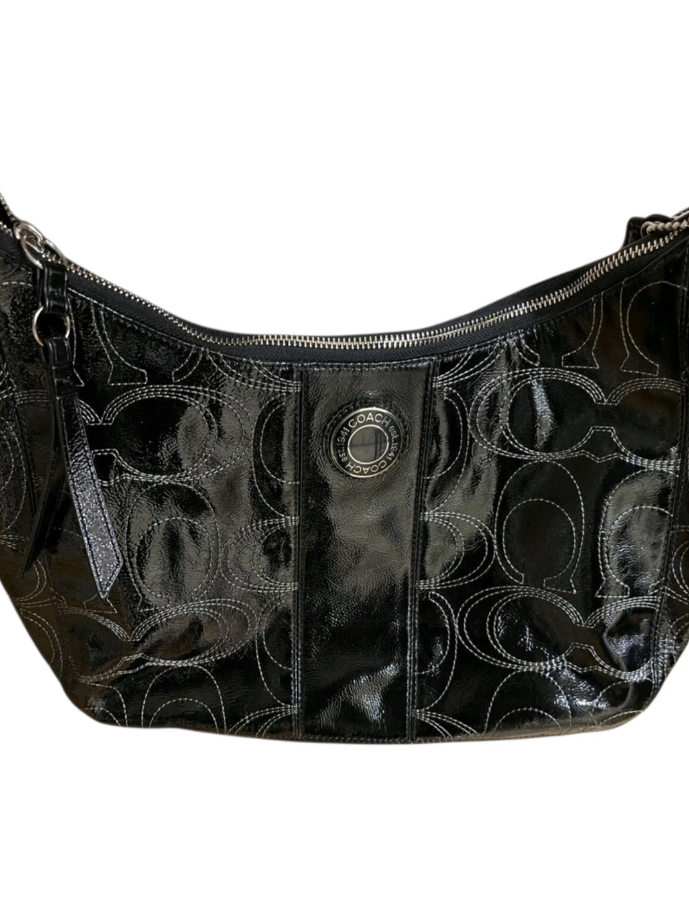 Coach Signature Stitched Black Patent Leather Signature Hobo Bag-F19282